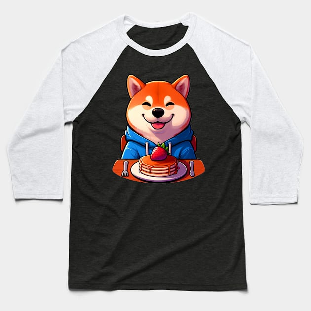 Shiba Inu Loves Strawberry Pancakes Baseball T-Shirt by Plushism